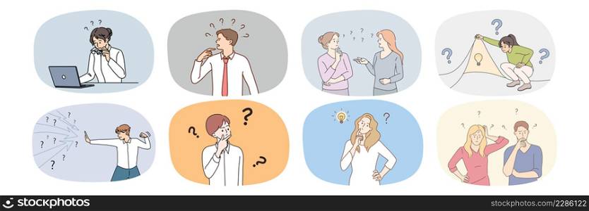 Set of confused diverse people with question mark wonder about problem solution. Collection of persons frustrated about issue solving look for answer. Dilemma concept. Vector illustration. . Set of confused people wonder of problem solution