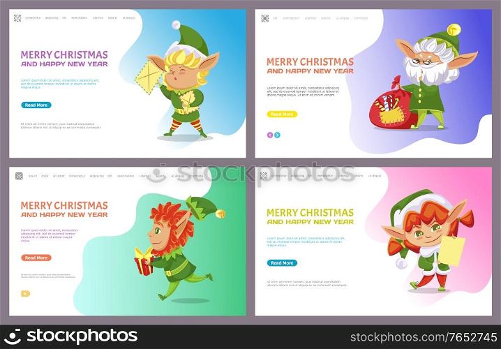 Set of congratulations for Christmas and new year. Collection of xmas characters with presents postcards. Old elf with bag and sweets. Website or webpage template, landing page, vector in flat style. Merry Christmas and Happy New Year Collection