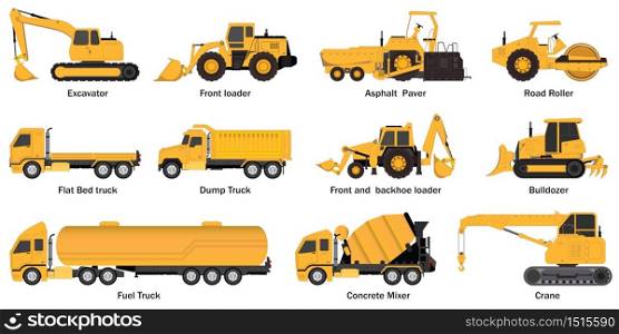 Set of construct machines.Heavy machinery vehicles, excavator, dump truck, crane, concrete mixer, bulldozer and fuel truck, illustration vector transportation.