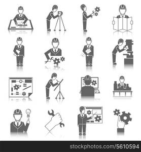 Set of construction industry engineer worker icons in gray color with reflection vector illustration