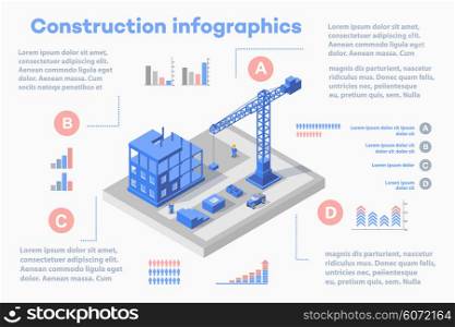 Set of construction infographics, construction of residential buildings and structures, construction crane and workers