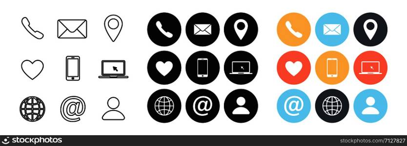 Set of contact us linear and colorful flat isolated icons. Web communication icons isolated. Flat simple vector icon. Mail phone location website account internet icon. EPS 10. Set of contact us linear and colorful flat isolated icons. Web communication icons isolated. Flat simple vector icon. Mail phone location website account internet icon.