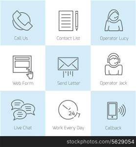 Set of contact us support customer service flat line icons in gray color on squares