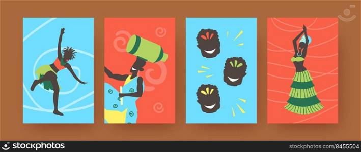 Set of contemporary art posters with African folk dancers. Vector illustration. 
Colorful collection of Africans wearing ethnic clothes, dancing in colored background. Africa, dance, culture concept