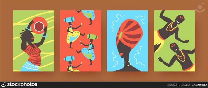 Set of contemporary art posters with African tribal dancing. Vector illustration.  Colorful collection of Africans wearing ethnic clothes, dancing in colored background. Africa, dance, culture concept
