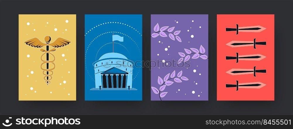 Set of contemporary art posters with ancient Rome symbols. Vector illustration.  Collection of colored Caduceus, staff of Hermes, swords, branches, Pantheon. Rome, antiquity, history, culture concept