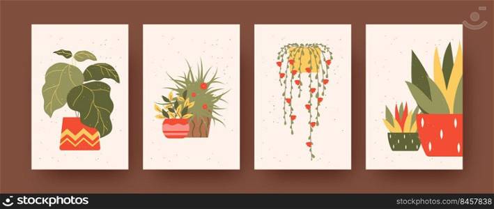 Set of contemporary art posters with floral theme. Vector illustration.  Colorful collection of green and yellow plants in pots. Nature, plant, home interior concept for social media, postcards design