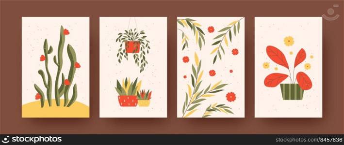 Set of contemporary art posters with garden theme. Vector illustration. 
Collection of plants on stands and in floral pots. Nature, plant, home interior concept for social media, postcards design