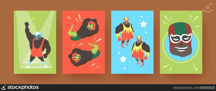 Set of contemporary art posters with Mexican wrestler fighters. Vector illustration.  Colorful collection of angry and strong wrestlers in colorful suits during fight. Fight, wrestling, sport concept