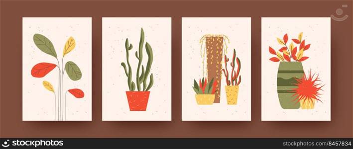 Set of contemporary art posters with plants and flowers. Vector illustration.  Collection of plants in floral pots in different combinations. Nature, plant, home interior concept for social media, postcards design