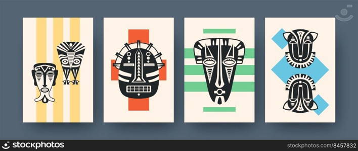 Set of contemporary art posters with ritual masks. Vector illustration.  Collection of african tribal masks in colorful background. Africa, culture, tribe, ritual, totem concept for social media design