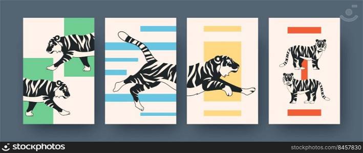Set of contemporary art posters with tiger pattern. Vector illustration.  Collection of running, sitting, lying tiger in flat design. Africa, animal, wildlife, cat, jungle concept for media design