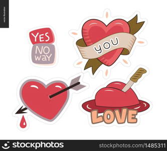 Set of contemporary girlie Love letter logo. A set of vector patches, logo and letter composition. Yes, No Way, Hearts with a ribbon, a knife and pierced with an arrow with dropping blood. Vector stickers kit.. Set of contemporary girlie Love letter logo