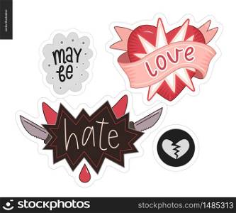 Set of contemporary girlie Love letter logo. A set of vector patches, logo and letter composition. Love, May be, Hate and a broken heart. Vector stickers kit.. Set of contemporary girlie Love letter logo