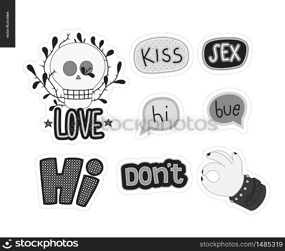 Set of contemporary girlie Love letter logo. A set of vector patches, logo and letter composition Love, skull, Hi, Dont, Kiss, Sex, Bue. Vector stickers kit.. Set of contemporary girlie Love letter logo