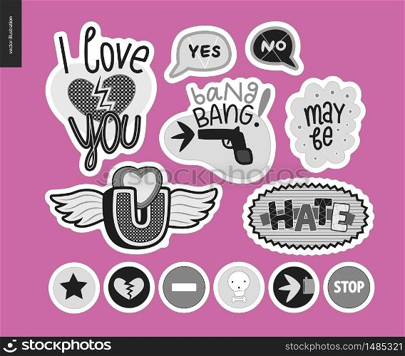 Set of contemporary girlie Love letter logo. A set of vector patches, logo and letter composition I Love You, Hate, Yes, No, Bang, May be, Stop. Vector stickers kit.. Set of contemporary girlie Love letter logo