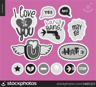 Set of contemporary girlie Love letter logo. A set of vector patches, logo and letter composition I Love You, Hate, Yes, No, Bang, May be, Stop. Vector stickers kit.. Set of contemporary girlie Love letter logo