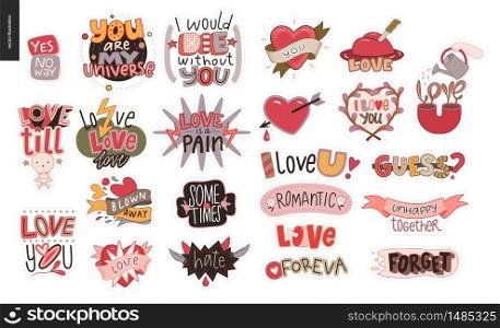 Set of contemporary girlie Love letter logo. A set of vector patches, logo and letter composition. Vector stickers kit.. Set of contemporary girlie Love letter logo