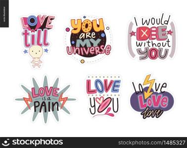 Set of contemporary girlie Love letter logo. A set of vector patches, logo and letter composition. Vector stickers kit.. Set of contemporary girlie Love letter logo