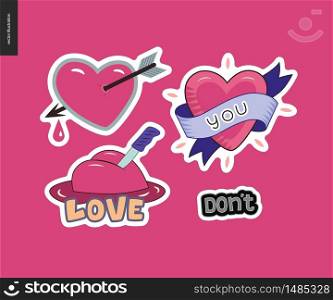Set of contemporary girlie Love letter logo. A set of vector patches, logo and letter composition. Dont, Hearts with a ribbon, a knife and pierced with an arrow with dropping blood. Vector stickers kit.. Set of contemporary girlie Love letter logo