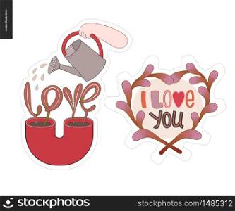 Set of contemporary girlie Love letter logo. Flowerpot with a plant in shape of Love word and watering can. Composition of leaves with Text Ilove You inside. Vector stickers kit.. Set of contemporary girlie Love letter logo