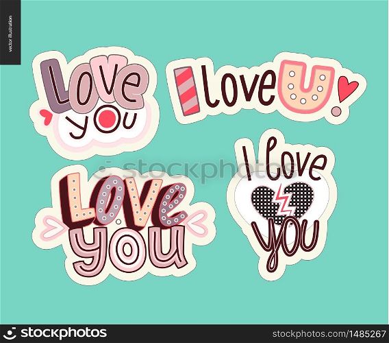 Set of contemporary girlie Love You letter logo. A set of vector patches, logo and letter composition. Vector stickers kit.. Set of contemporary girlie Love You letter logo