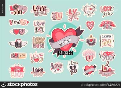 Set of contemporary girlie Love You letter logo. A set of vector patches, logo and letter composition. Vector stickers kit.. Set of contemporary girlie Love You letter logo