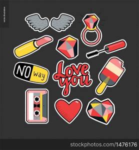 Set of contemporary girlish patches elements. A set of vector girls stuff like makeup, hearts, phrases Love you, Hate you,hurry up, No way, stars, wings, tape, popsicle, lips. Vector stickers kit.. Patches hand drawn set