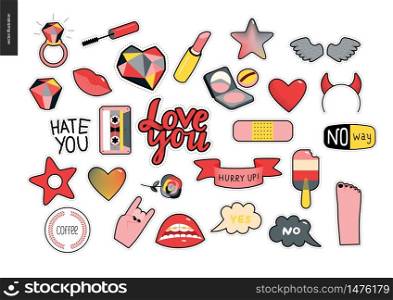Set of contemporary girlish patches elements. A set of vector girls stuff like makeup, hearts, phrases, notes, stickers, stars, wings, tape, popsicle, lips Vector stickers kit. Set of contemporary girly patches elements