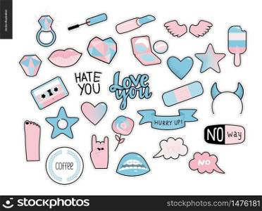 Set of contemporary girlish patches elements. A set of vector girls stuff like makeup, hearts, phrases, notes, stickers, stars, wings, tape, popsicle, lips Vector stickers kit. Set of contemporary girly patches elements
