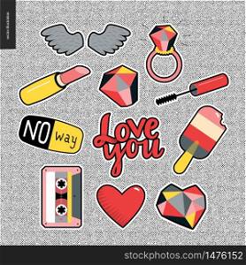 Set of contemporary girlish patches elements on denim background. Wings, ring, big diamond, lipstick, mascara brush, ice cream, cassette tape, hearts,letterings Love you, No way. Vector stickers kit.. Set of contemporary girly patches elements
