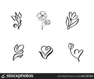 Set of Continuous Line art Drawing Vector Calligraphic Flower logo. Black Sketch of Plants Isolated on White Background. One Line Illustration Minimalist Prints.. Set of Continuous Line art Drawing Vector Calligraphic Flower logo. Black Sketch of Plants Isolated on White Background. One Line Illustration Minimalist Prints