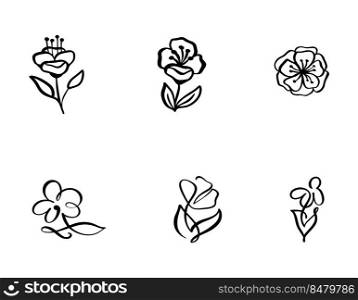 Set of Continuous Line art Drawing Vector Calligraphic Flower logo. Black Sketch of Plants Isolated on White Background. One Line Illustration Minimalist Prints.. Set of Continuous Line art Drawing Vector Calligraphic Flower logo. Black Sketch of Plants Isolated on White Background. One Line Illustration Minimalist Prints