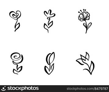 Set of Continuous Line art Drawing Vector Calligraphic Flower logo. Black Sketch of Plants Isolated on White Background. One Line Illustration Minimalist Prints.. Set of Continuous Line art Drawing Vector Calligraphic Flower logo. Black Sketch icon of Plants Isolated on White Background. One Line Illustration Minimalist Prints