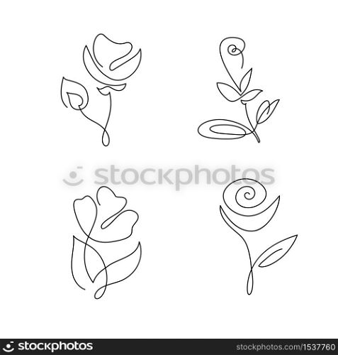 Set of continuous line hand drawing calligraphic vector flowers concept logo beauty. Monoline spring floral design element in minimal style. Valentine love concept.. Set of continuous line hand drawing calligraphic vector flowers concept logo beauty. Monoline spring floral design element in minimal style. Valentine love concept