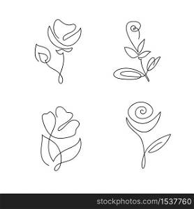 Set of continuous line hand drawing calligraphic vector flowers concept logo beauty. Monoline spring floral design element in minimal style. Valentine love concept.. Set of continuous line hand drawing calligraphic vector flowers concept logo beauty. Monoline spring floral design element in minimal style. Valentine love concept