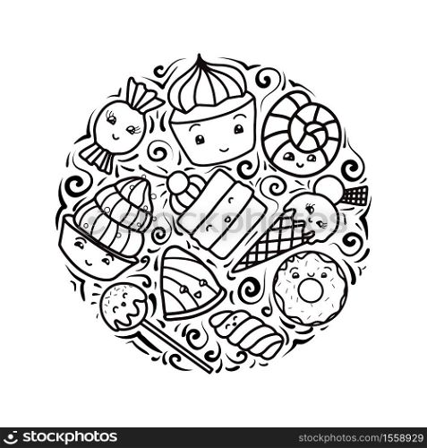 Set of contour child illustrations of cute, kawai sweets and confection. Vector elements for stickers, pins, badges and for your creativity.. Set of contour child illustrations of cute, kawai sweets and confection. Vector elements