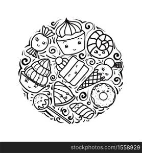 Set of contour child illustrations of cute, kawai sweets and confection. Vector elements for stickers, pins, badges and for your creativity.. Set of contour child illustrations of cute, kawai sweets and confection. Vector elements