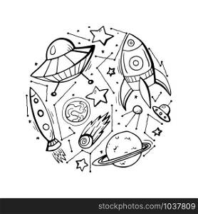 Set of contour child illustrations of stars, spaceships and UFOs. Vector elements for cards, stickers and your creativity. Set of contour child illustrations of stars, spaceships and UFOs.