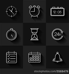 Set of contour date, time and calendar icons with shadows vector illustration