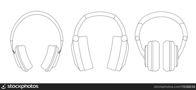 Set of contour different headphones. Linear drawing of musical equipment. The object is separate from the background. Vector black and white elements for articles, covers, cards and your design.. Set of contour different headphones. Linear drawing of musical equipment. The object is separate from the background. Vector black and white elements