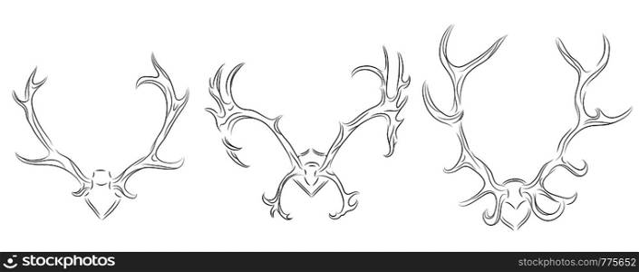 Set of contour drawing of different deer antlers. Vector element for your design. Set of contour drawing of different deer antlers.