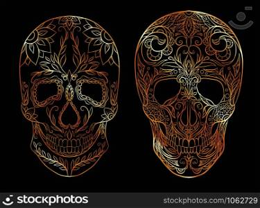 Set of contour gold illustrations of a sugar skulls. The holiday of the Day of the Dead. Vector element for your creativity. Set of contour gold illustrations of a sugar skulls