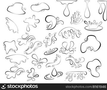 Set of contours of drops and splashes of water or oil. Vector set of contour black icons of flowing drops, waves, splashes, splashes of nature isolated on white background. Dripping liquid. Water spill. Drops of rain and drops of sweat.