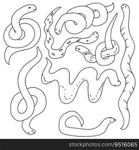 Set of contours of snakes, simple linear silhouettes of reptiles in various poses, coloring page vector illustration