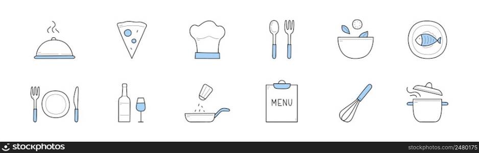Set of cooking and chef restaurant doodle icons. Menu elements cloche lid with meat, pizza slice, toque and fork with spoon. Bowl, plate with food, bottle and wineglass, whisk, pan Linear vector signs. Set of cooking and chef restaurant doodle icons