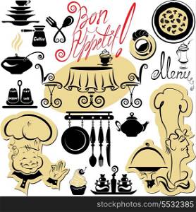 Set of cooking symbols, hand drawn pictures - food and chief silhouettes and hand written text - Bon Appetit