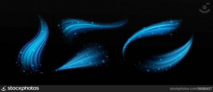 Set of cool air flow effects isolated on transparent background. Vector realistic illustration of blue light waves with shimmering particles, cold wind, fresh breeze whirlwind, magic power trail. Set of cool air flow effects