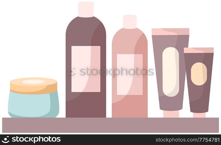 Set of cosmetic bottles packaging mockup for design. Creams and care products vector illustration. Containers of hair, skin and scalp care products. Plastic jars, bottles and tubes isolated on white. Set of cosmetic bottles packaging mockup for design. Creams and care products vector illustration