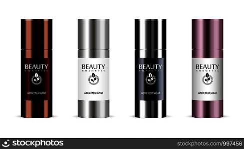 Set of cosmetic products mockup on a white background. Cosmetic package collection for cream, soups, foams, shampoo with different color. Vector blank mock up for brand template.. Set of cosmetic products mockup. Cosmetic package